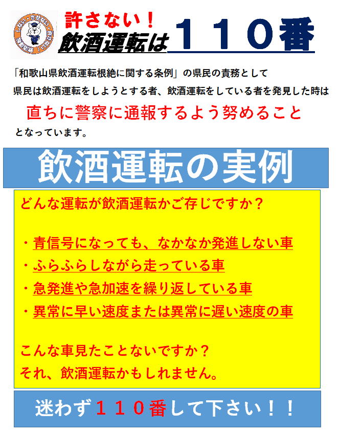 許さない！飲酒運転は110番。「和歌山県飲酒運転根絶に関する条例」の県民の責務として、県民は飲酒運転をしようとする者、飲酒運転をしている者を発見したときは、直ちに警察に通報するよう努めることとなっています。飲酒運転の実例。どんな運転が飲酒運転かご存じですか？青信号になっても、なかなか発進しない車。ふらふらしながら走っている車。急発進や急加速を繰り返している車。異常に速い速度または異常に遅い速度の車。こんな車見たことないですか？それ、飲酒運転かもしれません。迷わず110番してください！！